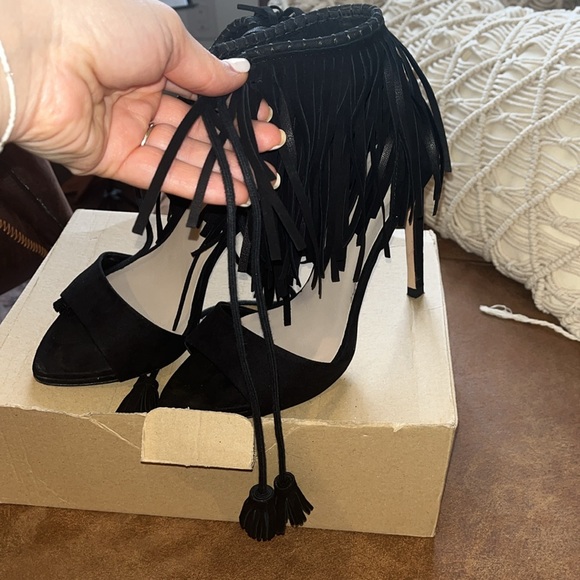 Zara Basica Black Leather Fringe Heels - 37 - Picture 2 of 11
